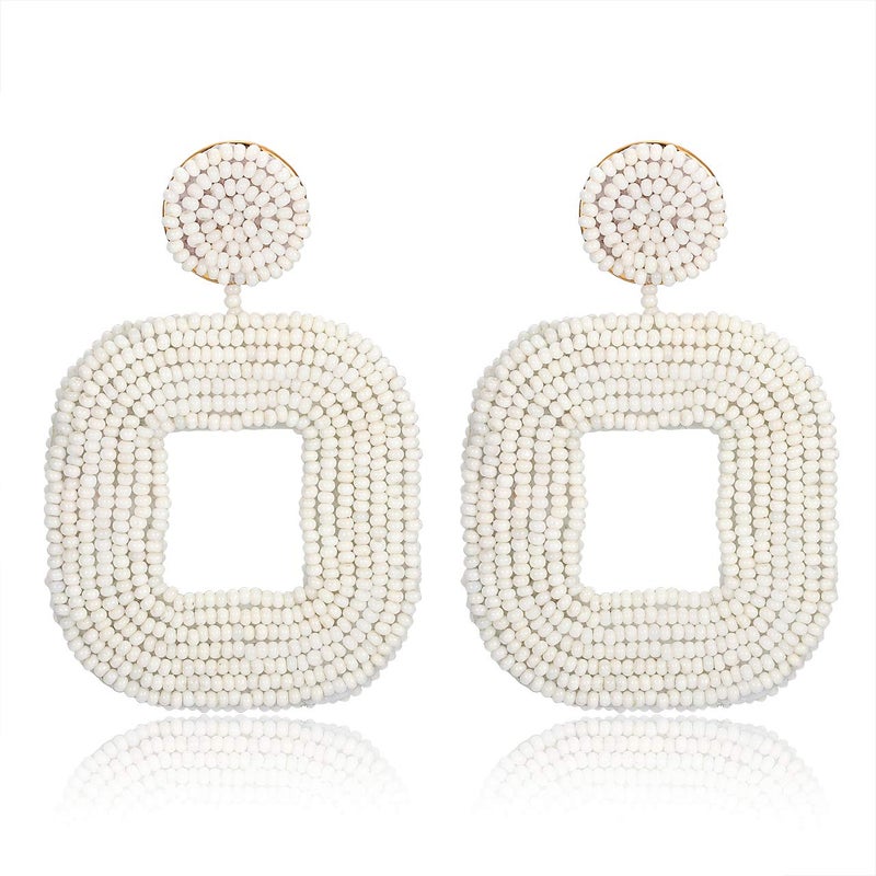 Boderier Beaded Drop Earrings Bohemian Beaded Square Hoop Dangle Statement Earrings (White) - Image 1